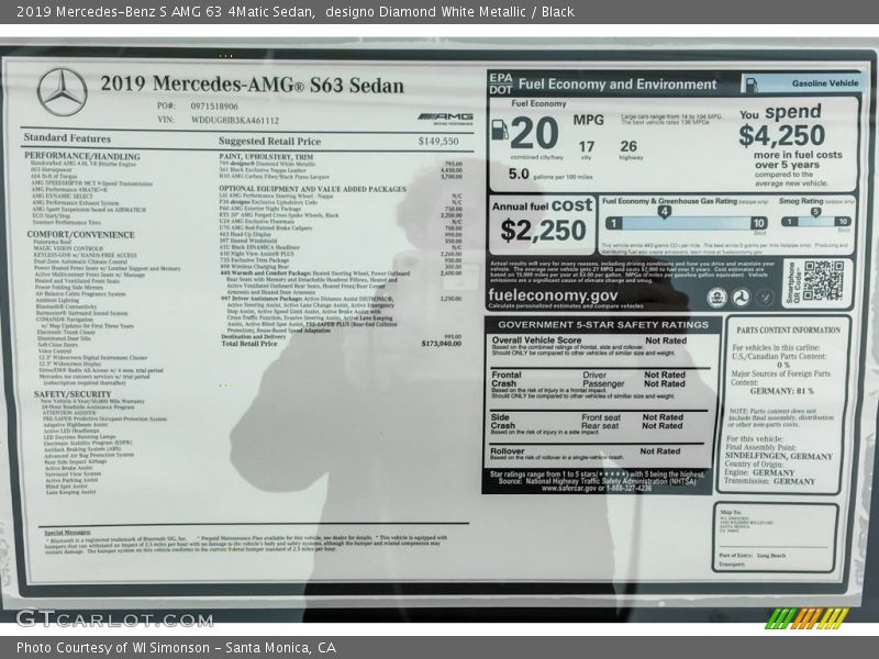  2019 S AMG 63 4Matic Sedan Window Sticker