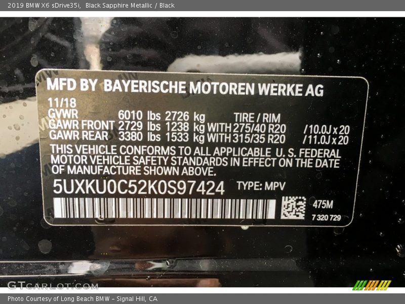 2019 X6 sDrive35i Black Sapphire Metallic Color Code 475