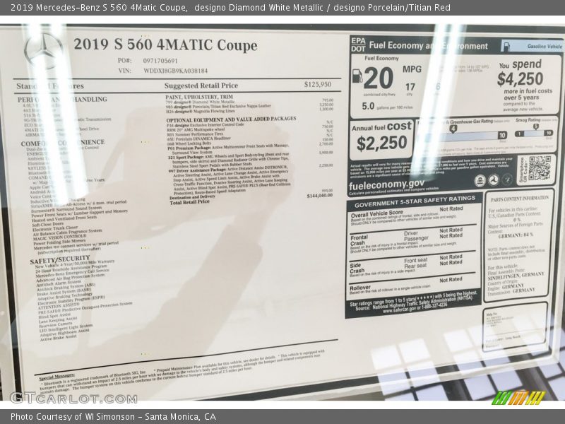  2019 S 560 4Matic Coupe Window Sticker
