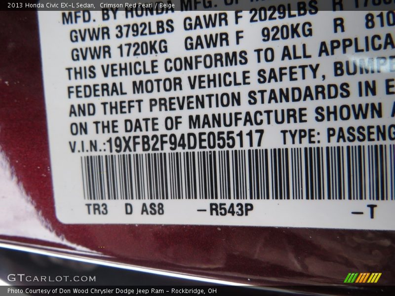 Crimson Red Pearl / Beige 2013 Honda Civic EX-L Sedan