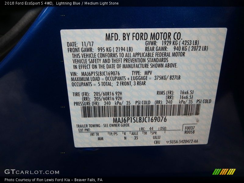 Lightning Blue / Medium Light Stone 2018 Ford EcoSport S 4WD