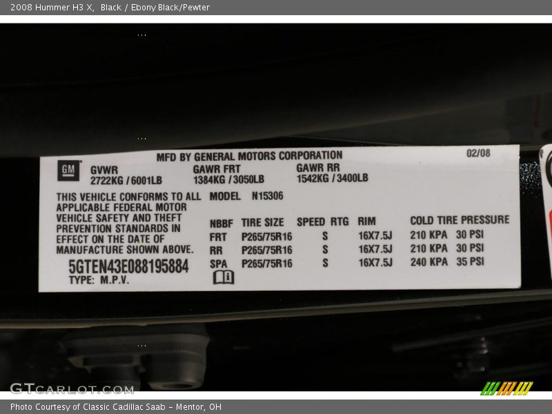Black / Ebony Black/Pewter 2008 Hummer H3 X