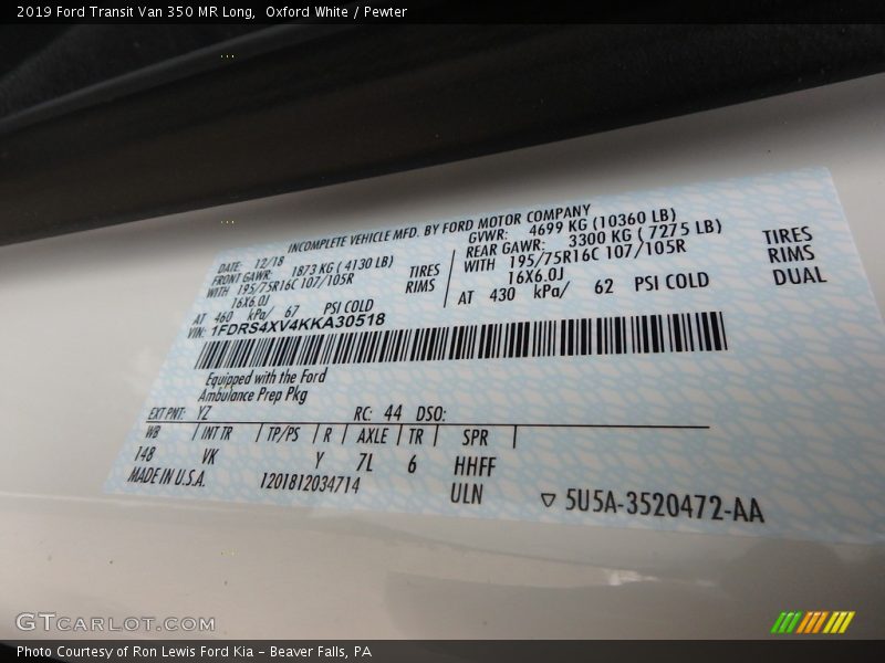 2019 Transit Van 350 MR Long Oxford White Color Code YZ