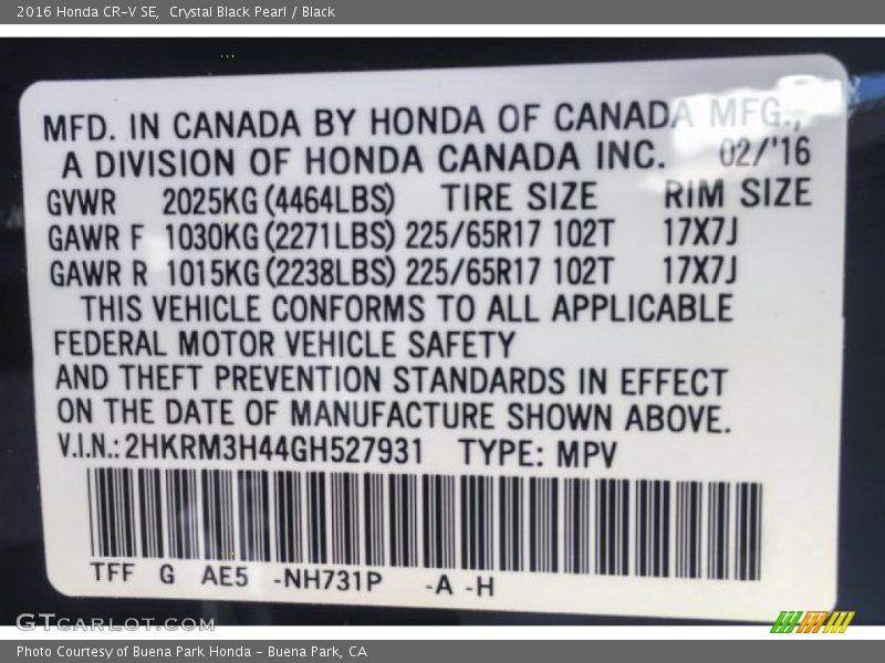 Crystal Black Pearl / Black 2016 Honda CR-V SE