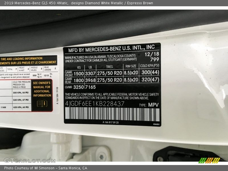 2019 GLS 450 4Matic designo Diamond White Metallic Color Code 799