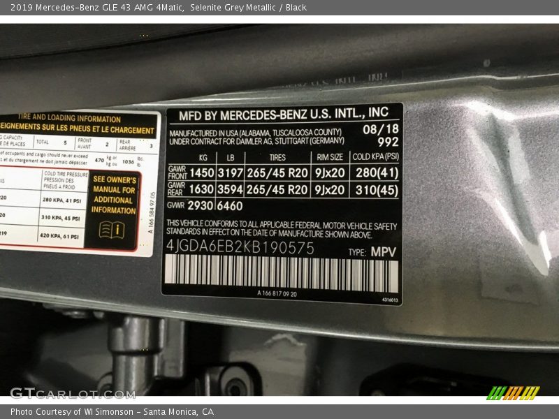2019 GLE 43 AMG 4Matic Selenite Grey Metallic Color Code 992