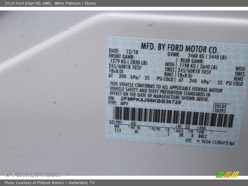 White Platinum / Ebony 2019 Ford Edge SEL AWD