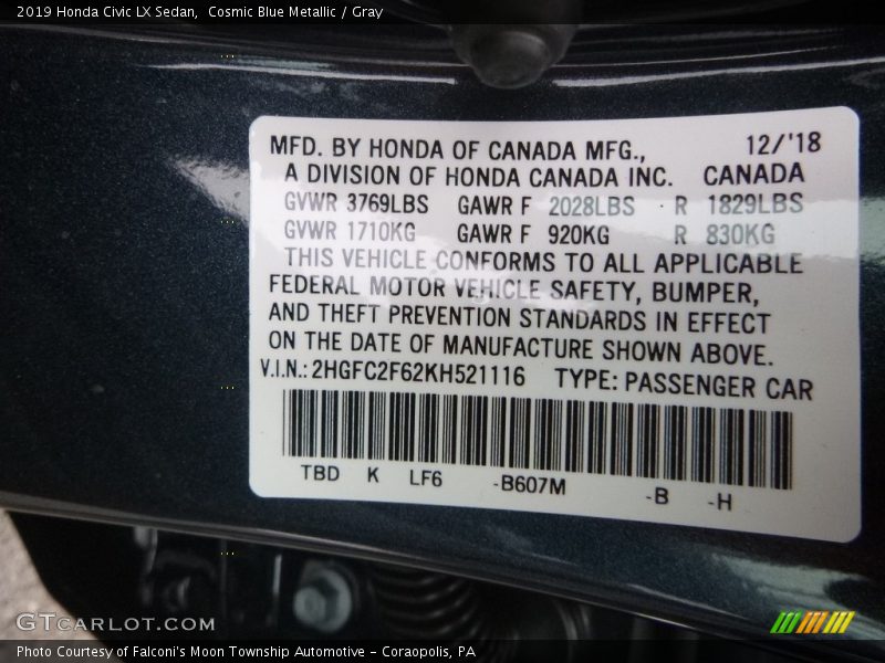 Cosmic Blue Metallic / Gray 2019 Honda Civic LX Sedan