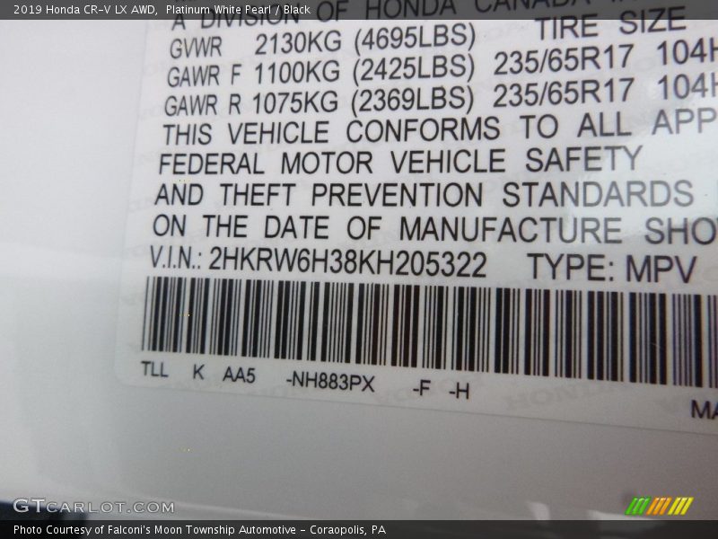 Platinum White Pearl / Black 2019 Honda CR-V LX AWD