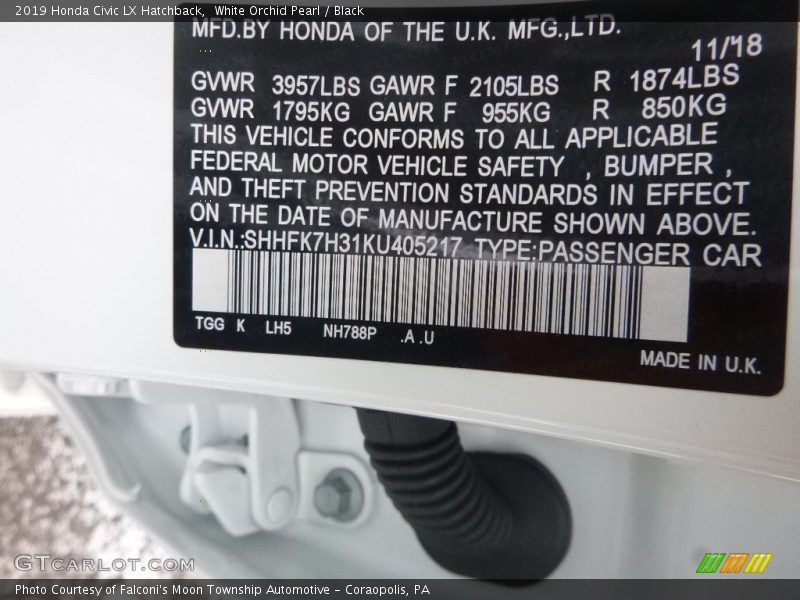 White Orchid Pearl / Black 2019 Honda Civic LX Hatchback