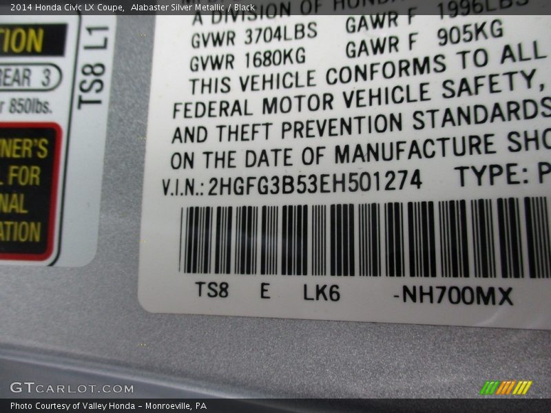 Alabaster Silver Metallic / Black 2014 Honda Civic LX Coupe