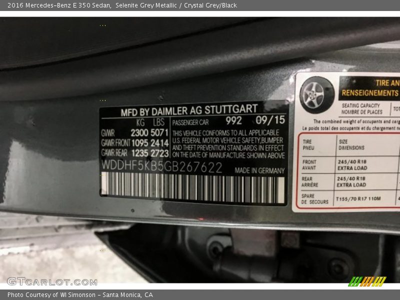Selenite Grey Metallic / Crystal Grey/Black 2016 Mercedes-Benz E 350 Sedan