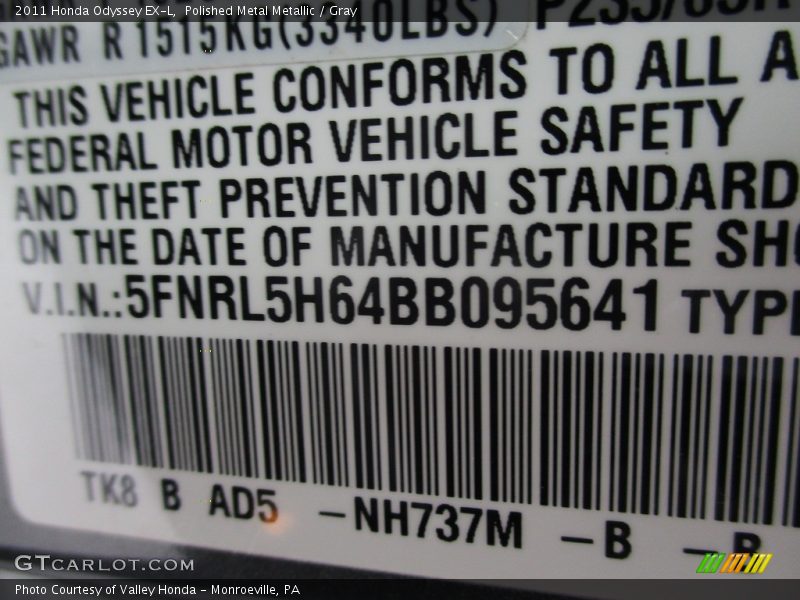 Polished Metal Metallic / Gray 2011 Honda Odyssey EX-L