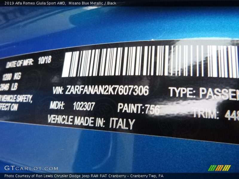 2019 Giulia Sport AWD Misano Blue Metallic Color Code 756