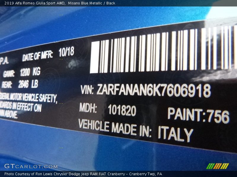 2019 Giulia Sport AWD Misano Blue Metallic Color Code 756
