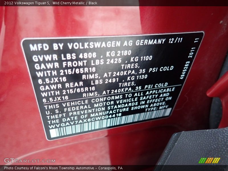 Wild Cherry Metallic / Black 2012 Volkswagen Tiguan S