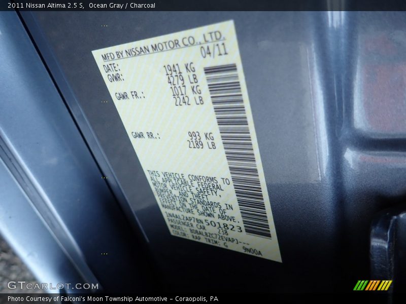 Ocean Gray / Charcoal 2011 Nissan Altima 2.5 S