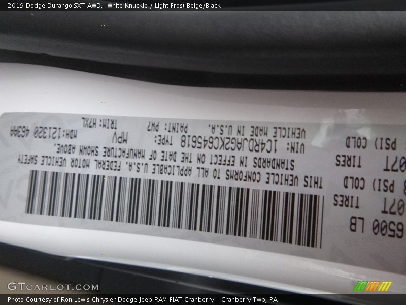 White Knuckle / Light Frost Beige/Black 2019 Dodge Durango SXT AWD