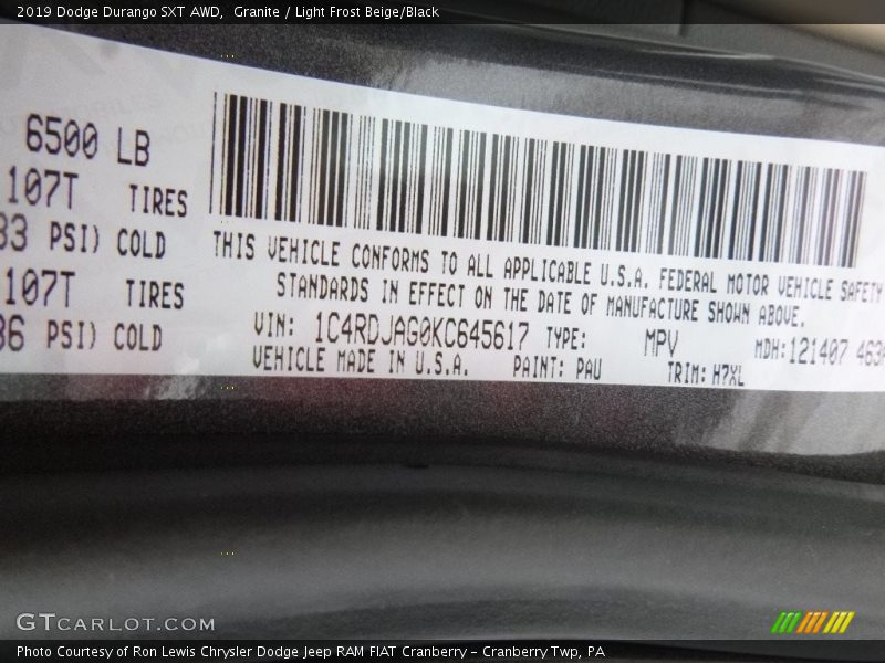 Granite / Light Frost Beige/Black 2019 Dodge Durango SXT AWD