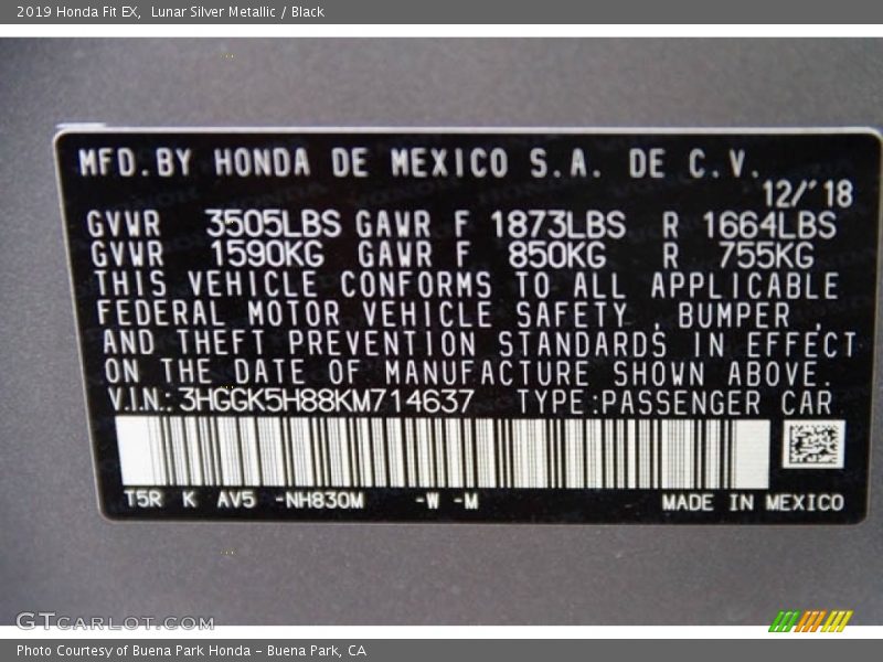 2019 Fit EX Lunar Silver Metallic Color Code NH830M