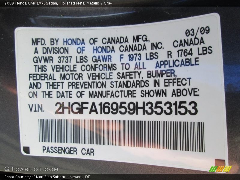 Polished Metal Metallic / Gray 2009 Honda Civic EX-L Sedan