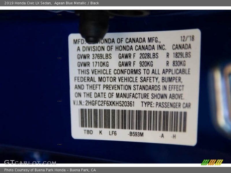 B593M - 2019 Honda Civic LX Sedan