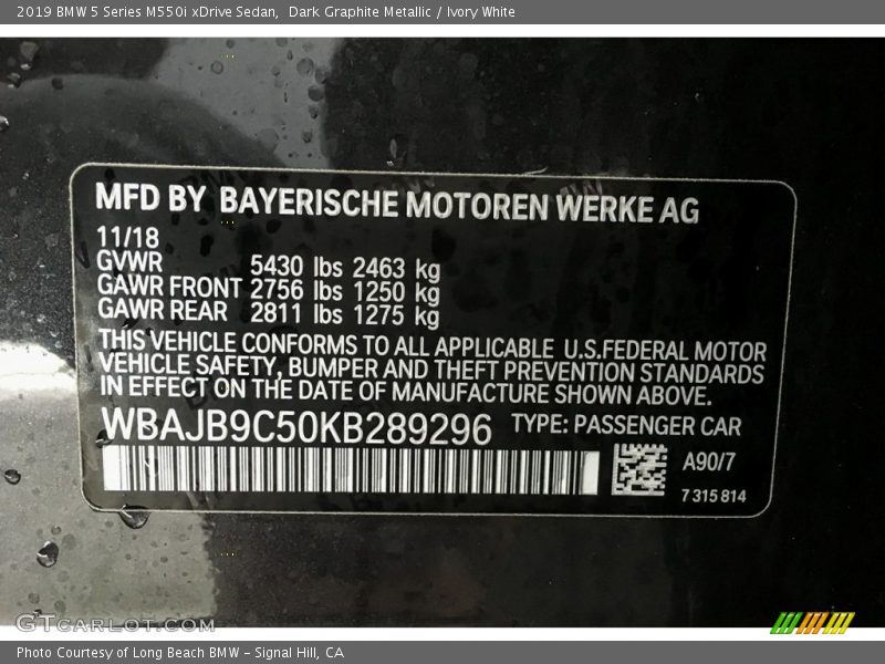 2019 5 Series M550i xDrive Sedan Dark Graphite Metallic Color Code A90