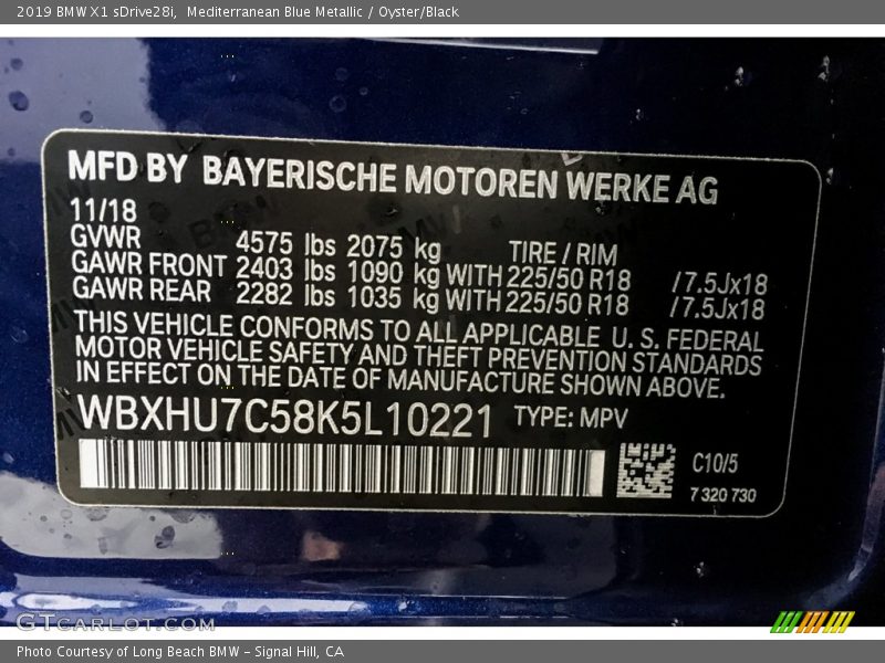 2019 X1 sDrive28i Mediterranean Blue Metallic Color Code C10