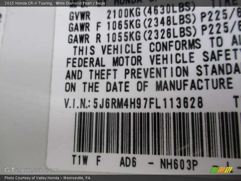 White Diamond Pearl / Beige 2015 Honda CR-V Touring