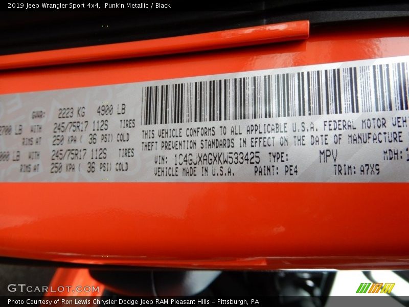 2019 Wrangler Sport 4x4 Punk'n Metallic Color Code PE4
