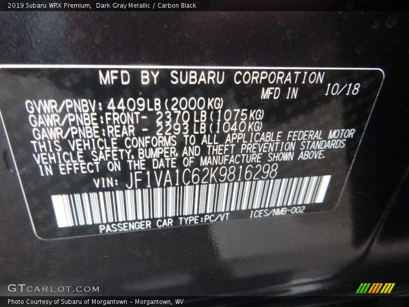 Dark Gray Metallic / Carbon Black 2019 Subaru WRX Premium