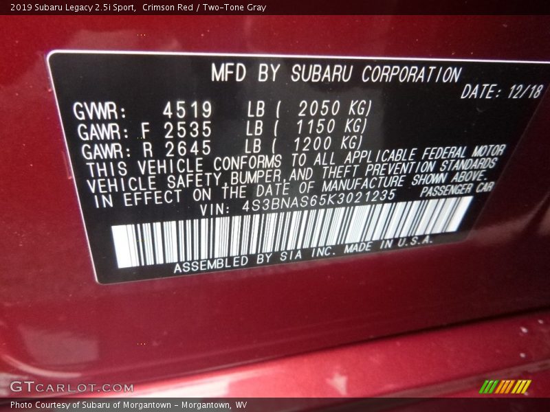 Crimson Red / Two-Tone Gray 2019 Subaru Legacy 2.5i Sport