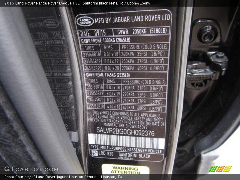Santorini Black Metalllic / Ebony/Ebony 2016 Land Rover Range Rover Evoque HSE