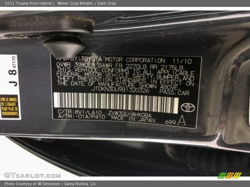 Winter Gray Metallic / Dark Gray 2011 Toyota Prius Hybrid I