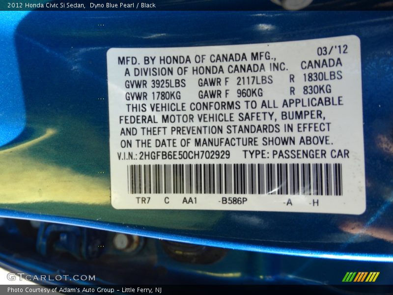 Dyno Blue Pearl / Black 2012 Honda Civic Si Sedan