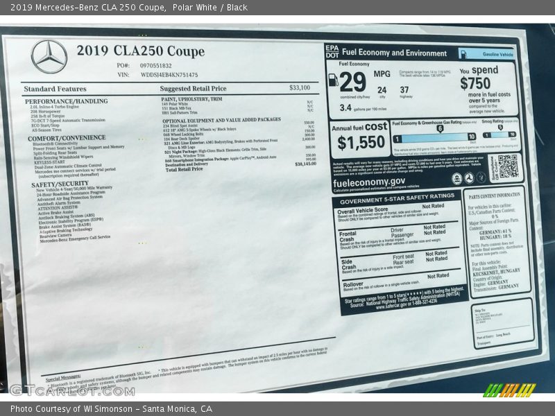 Polar White / Black 2019 Mercedes-Benz CLA 250 Coupe
