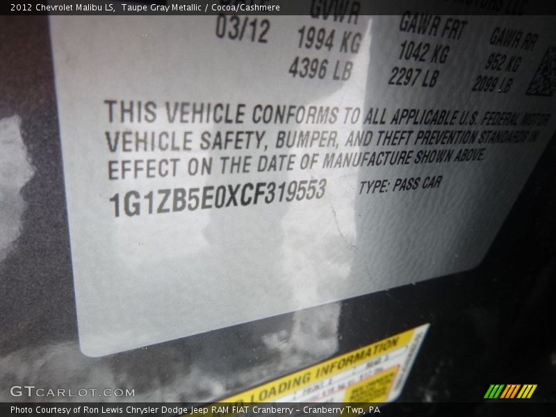 Taupe Gray Metallic / Cocoa/Cashmere 2012 Chevrolet Malibu LS
