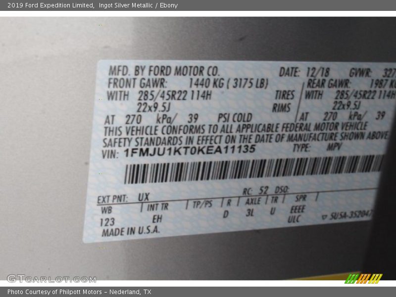 2019 Expedition Limited Ingot Silver Metallic Color Code UX