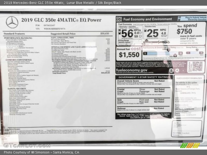 Lunar Blue Metallic / Silk Beige/Black 2019 Mercedes-Benz GLC 350e 4Matic