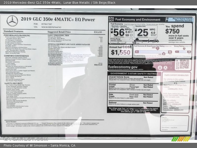 Lunar Blue Metallic / Silk Beige/Black 2019 Mercedes-Benz GLC 350e 4Matic