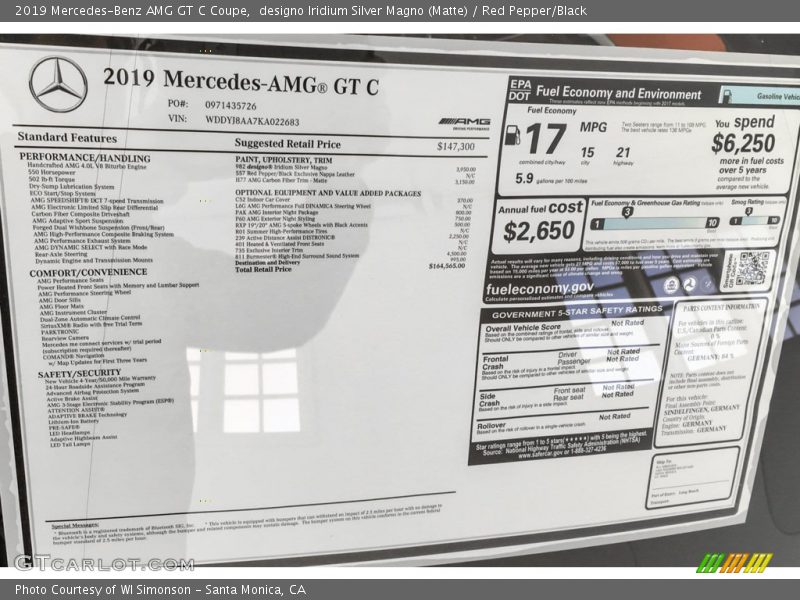  2019 AMG GT C Coupe Window Sticker