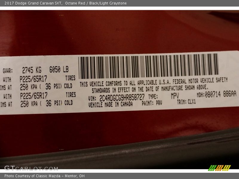 Octane Red / Black/Light Graystone 2017 Dodge Grand Caravan SXT