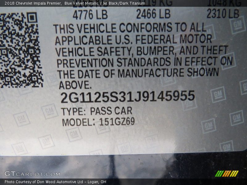 Blue Velvet Metallic / Jet Black/Dark Titanium 2018 Chevrolet Impala Premier