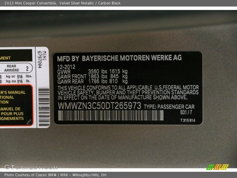 Velvet Silver Metallic / Carbon Black 2013 Mini Cooper Convertible