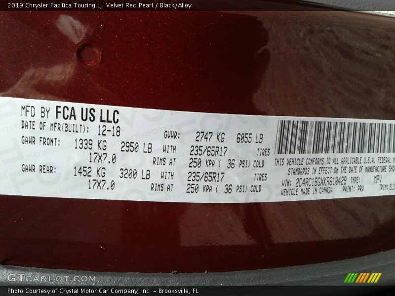 Velvet Red Pearl / Black/Alloy 2019 Chrysler Pacifica Touring L