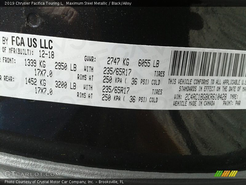 2019 Pacifica Touring L Maximum Steel Metallic Color Code PAR