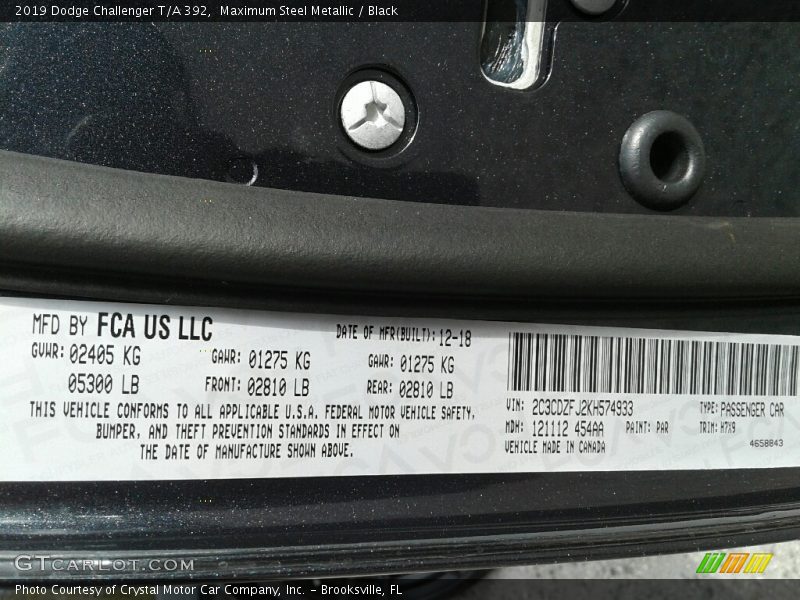 2019 Challenger T/A 392 Maximum Steel Metallic Color Code PAR