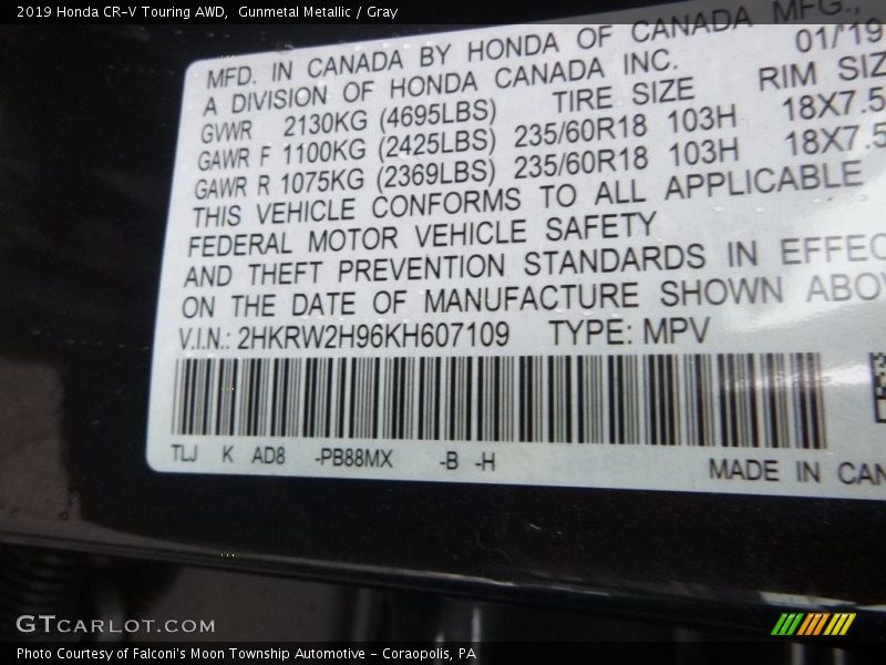 Gunmetal Metallic / Gray 2019 Honda CR-V Touring AWD