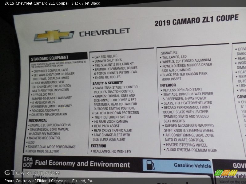 Black / Jet Black 2019 Chevrolet Camaro ZL1 Coupe
