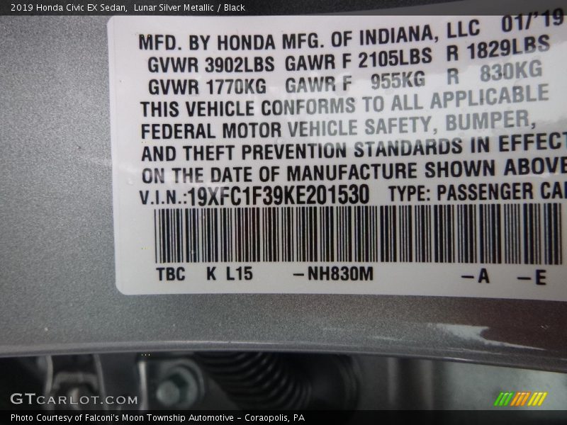 2019 Civic EX Sedan Lunar Silver Metallic Color Code NH830M